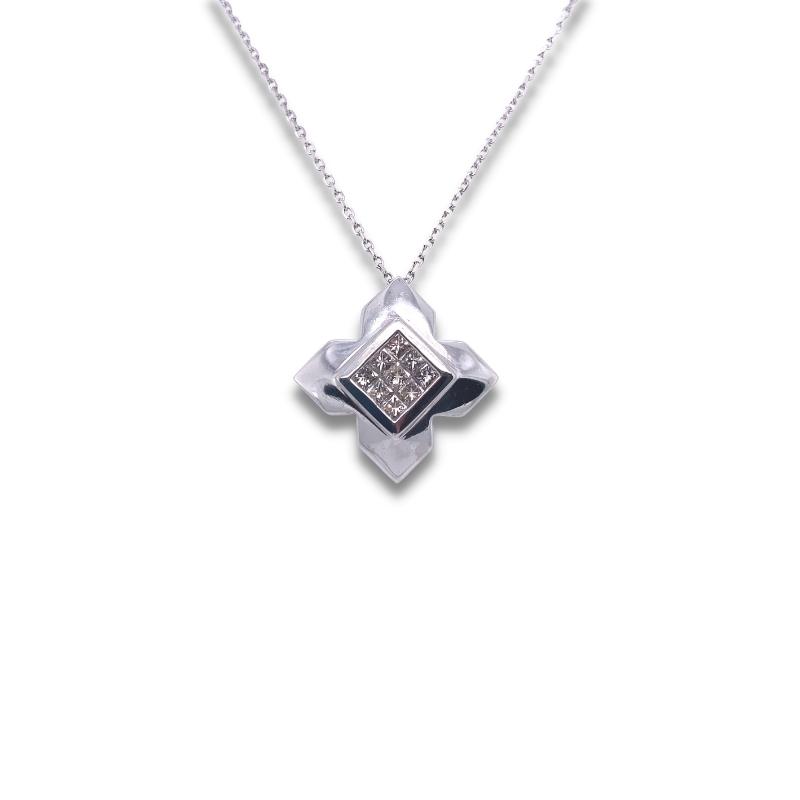 a silver necklace with a square shaped pendant