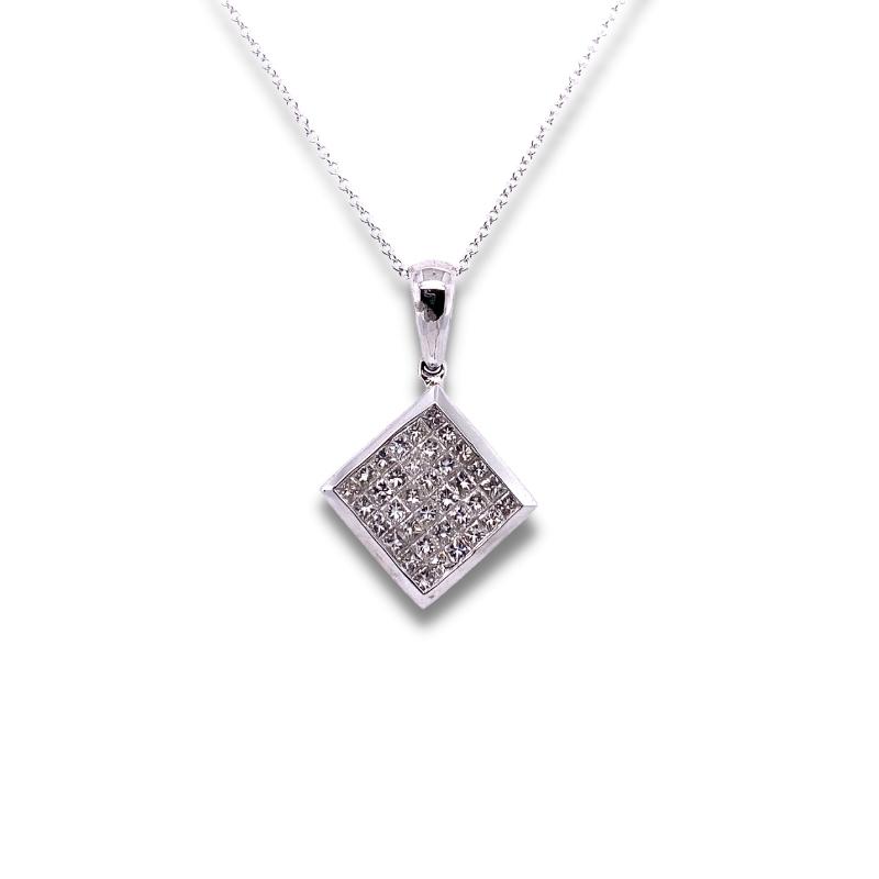 a square pendant with white diamonds on a chain