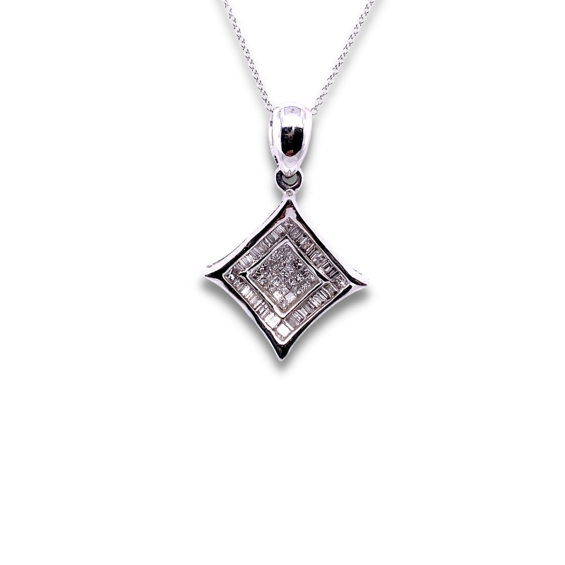 a square shaped pendant with a diamond in the center