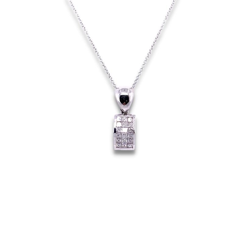 a white gold necklace with black and white diamonds