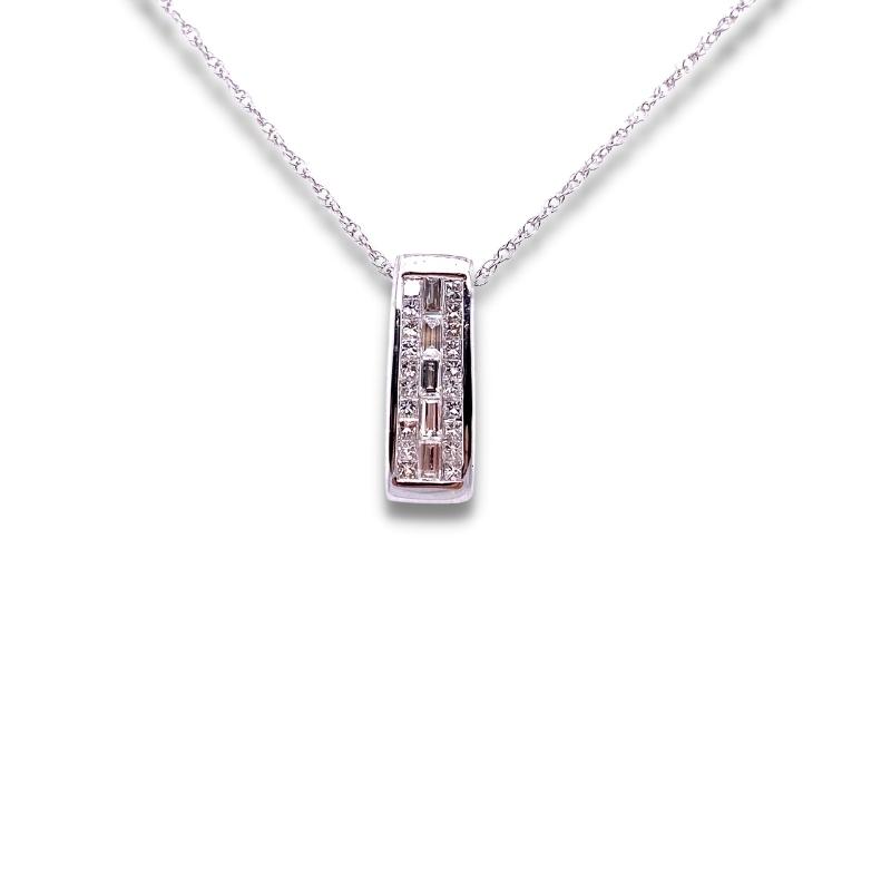 a silver necklace with a white background