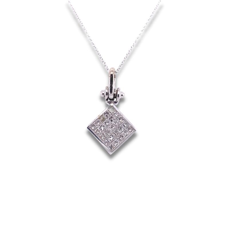 a small square pendant with a diamond in the center