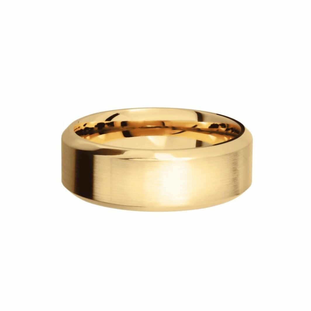 a yellow gold wedding ring on a white background