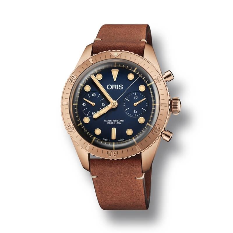 a watch with a brown strap and blue dial