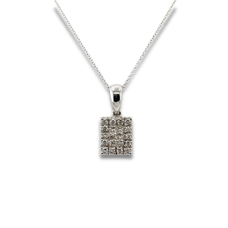 a square pendant with diamonds on a chain