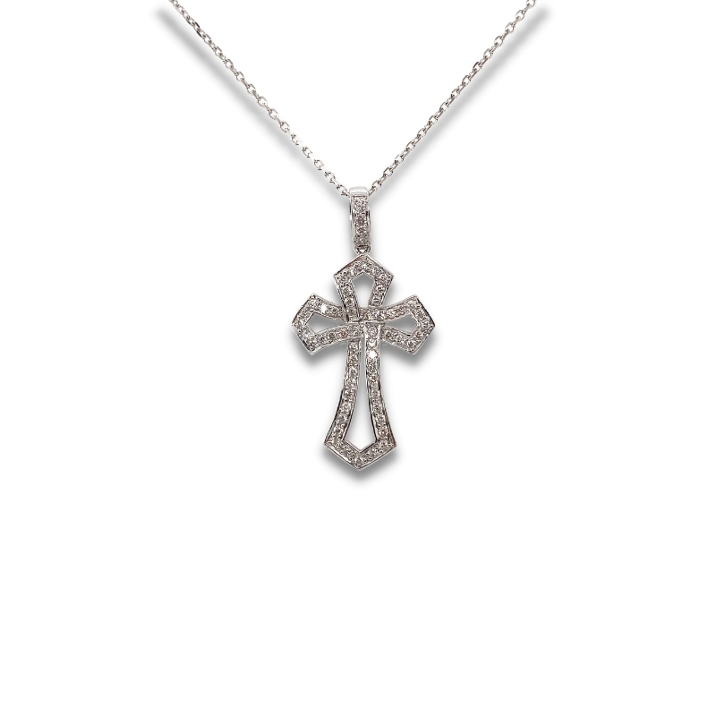 a cross pendant with diamonds on a chain