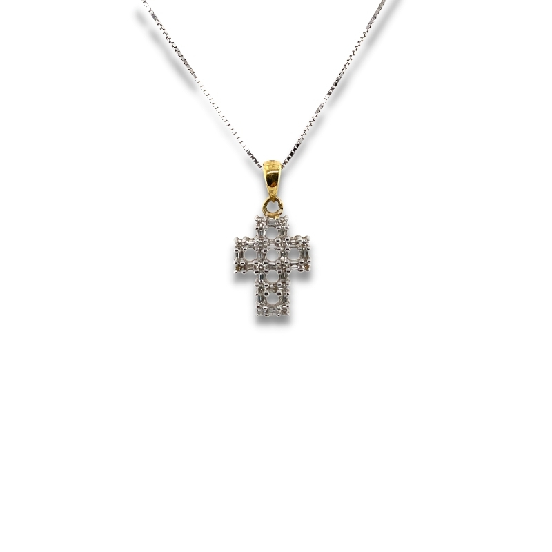 a cross pendant with two rows of diamonds