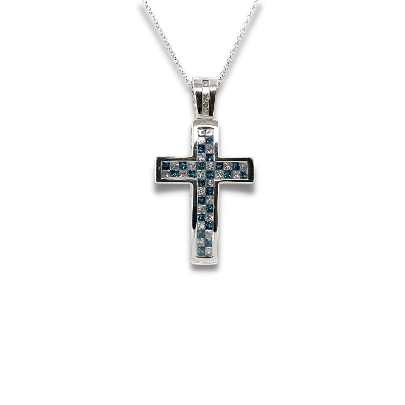 a cross pendant with blue and white diamonds