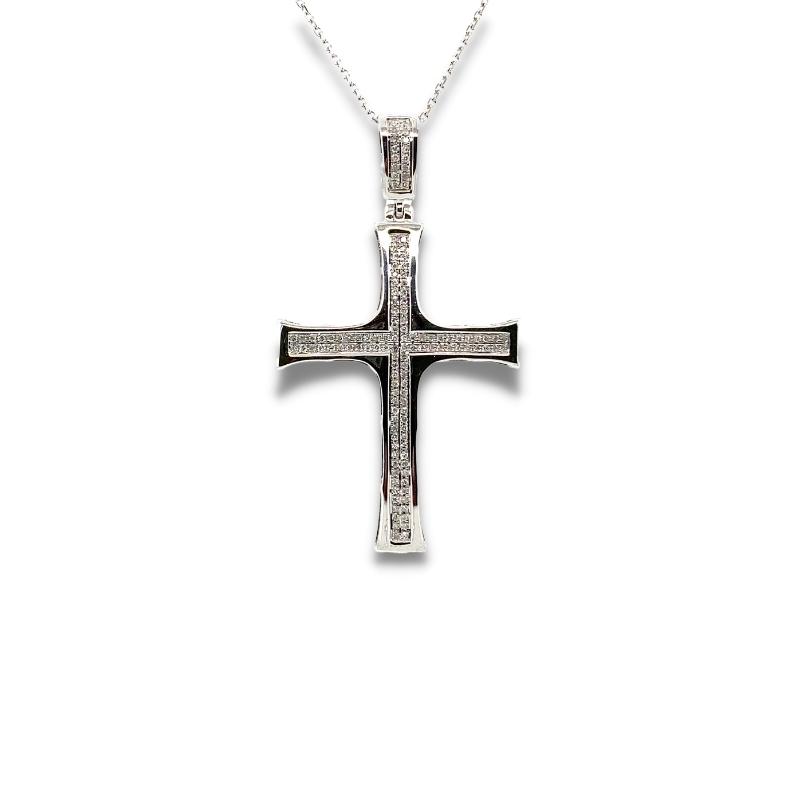 a cross pendant with a chain on a white background