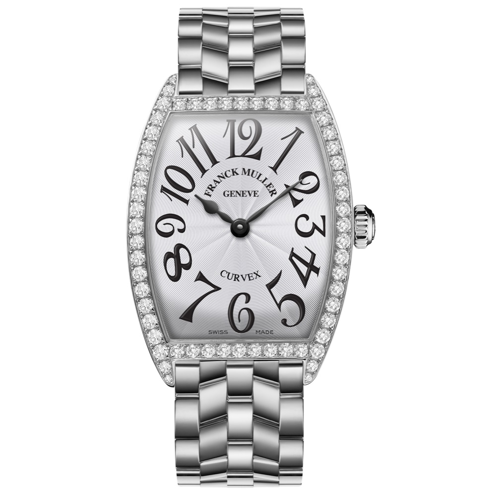 a white watch with diamonds on the face