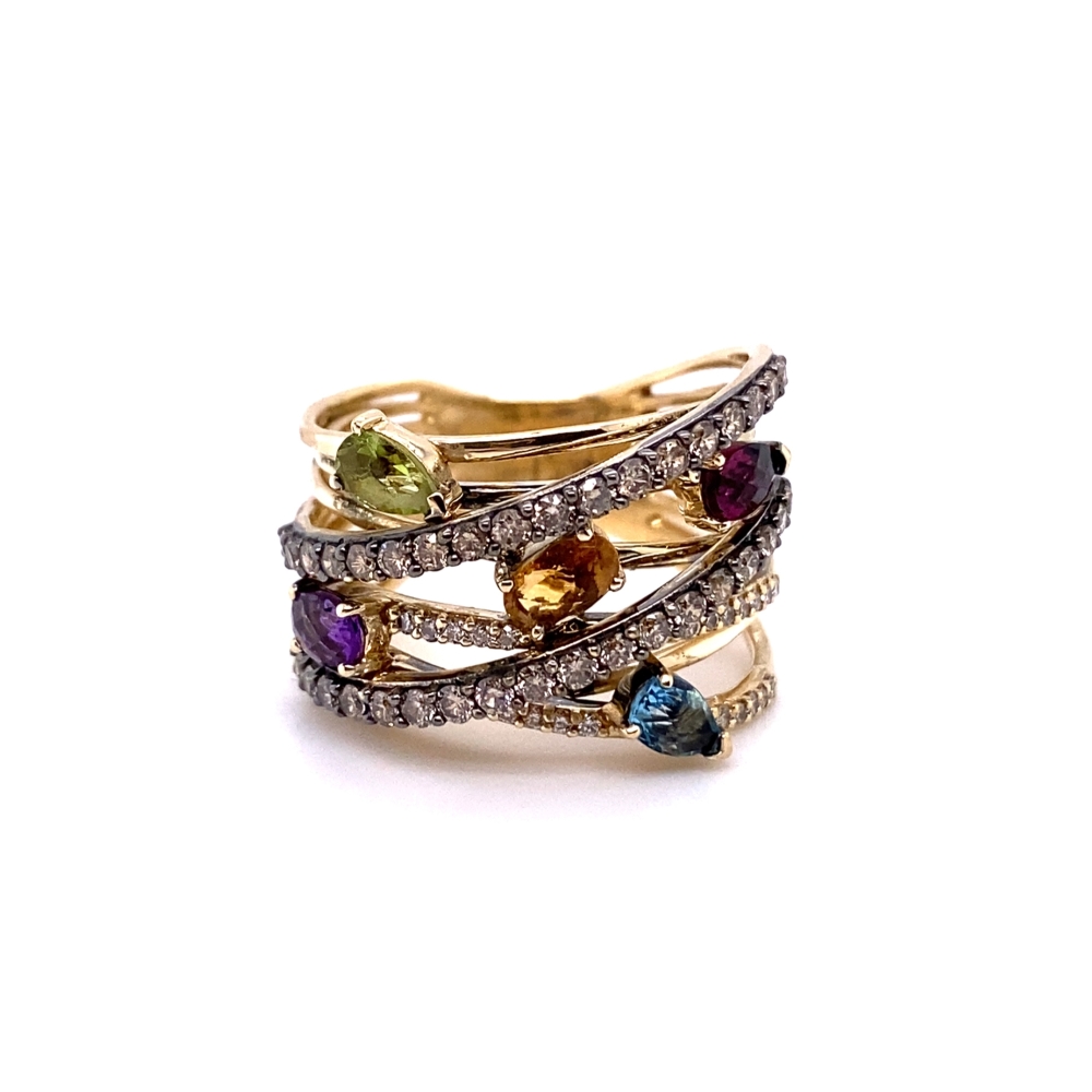 a gold ring with multi colored stones on it