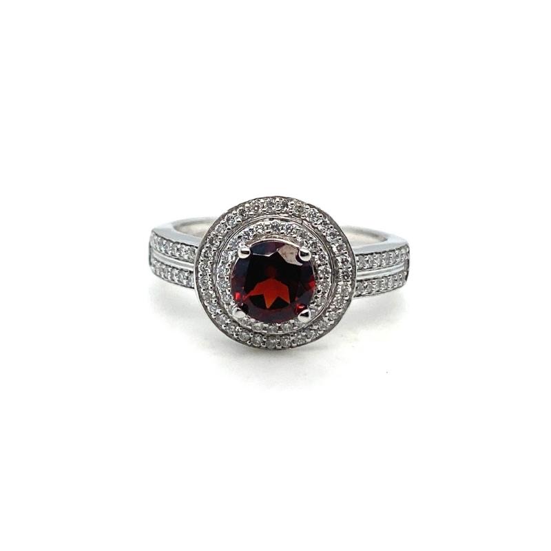 a red and white diamond ring on a white background