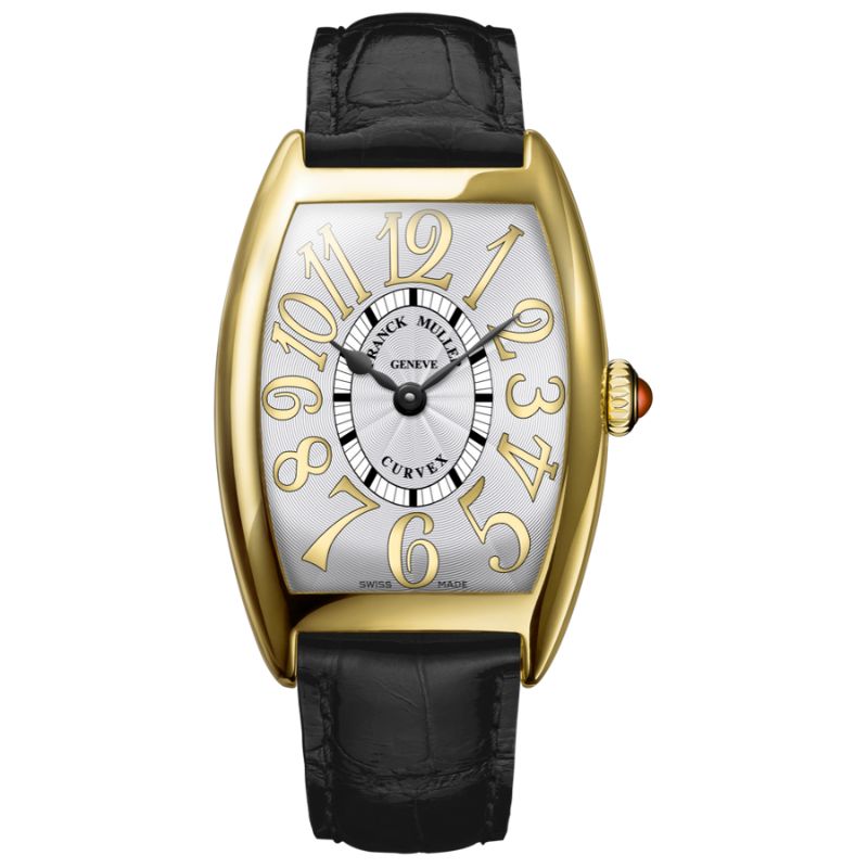 a gold and white watch with black leather straps