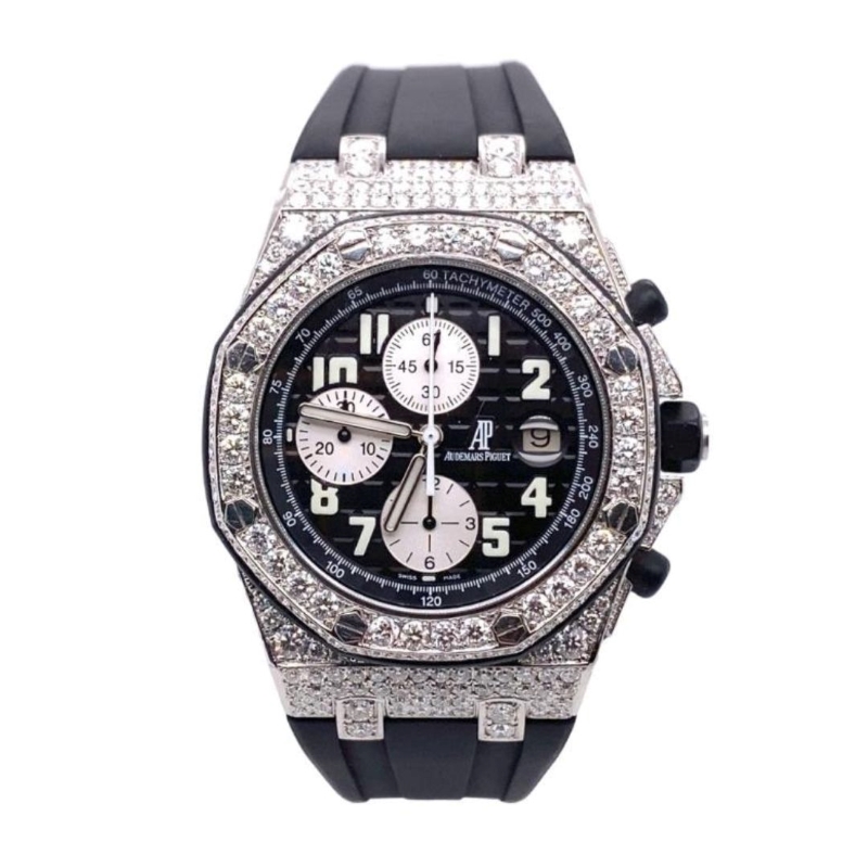 a black and white watch with diamonds on it
