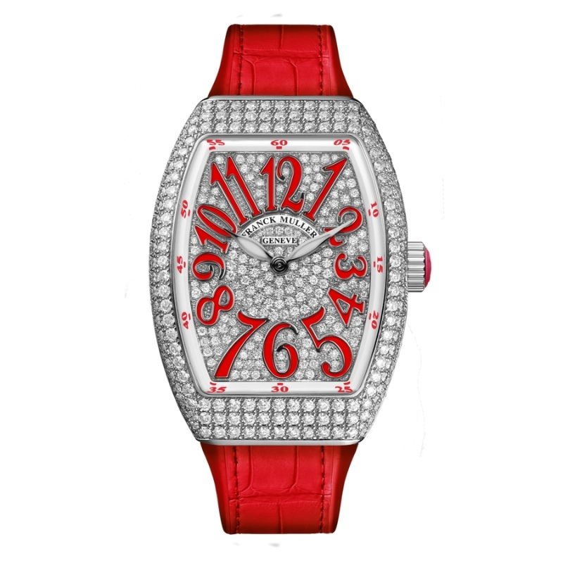 a red watch with diamonds on the dial