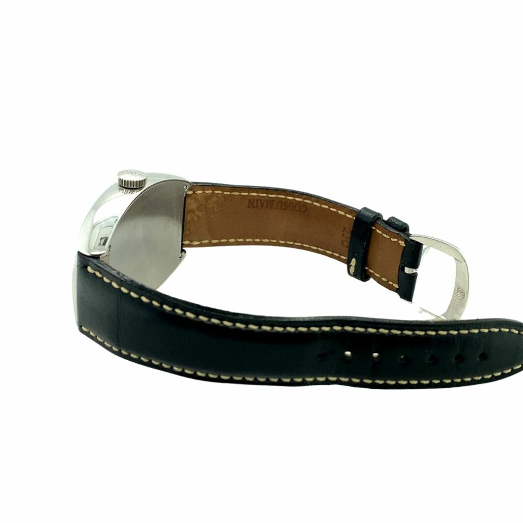 a black leather watch strap with white stitching
