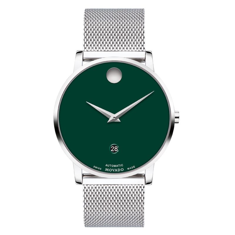a watch with a green dial and silver mesh strap