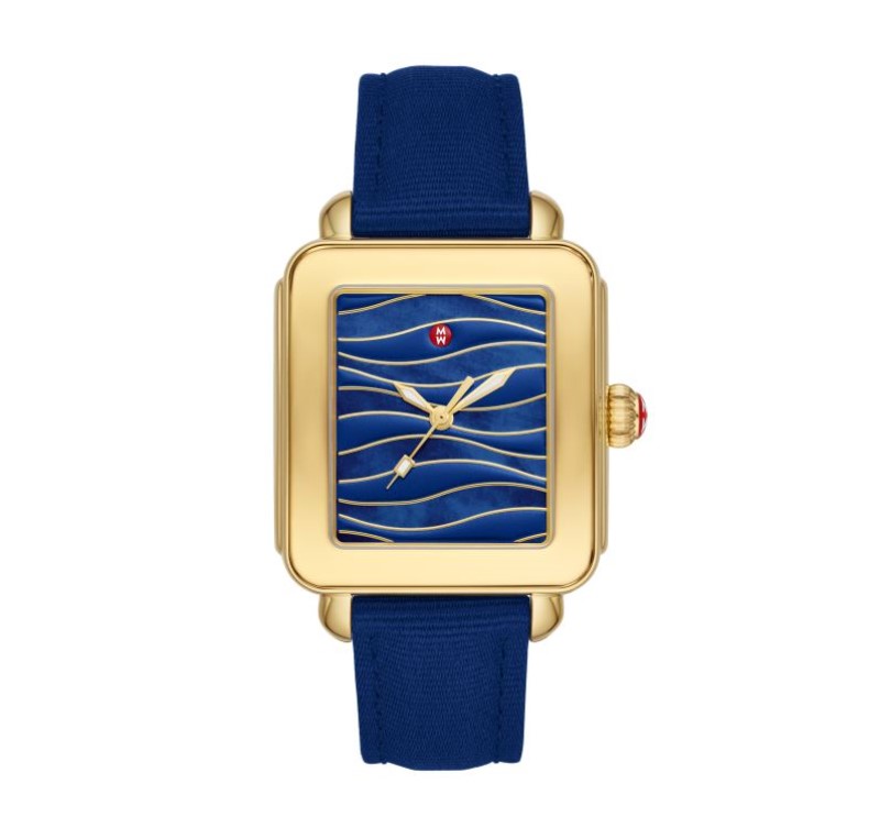 a gold and blue watch on a white background