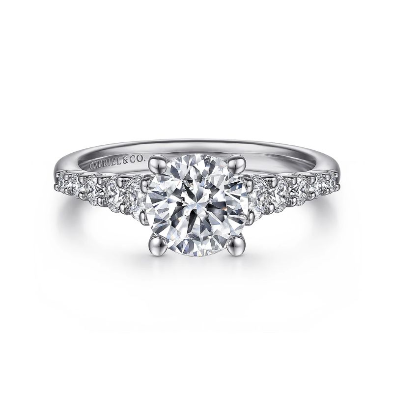 a diamond engagement ring on a white background