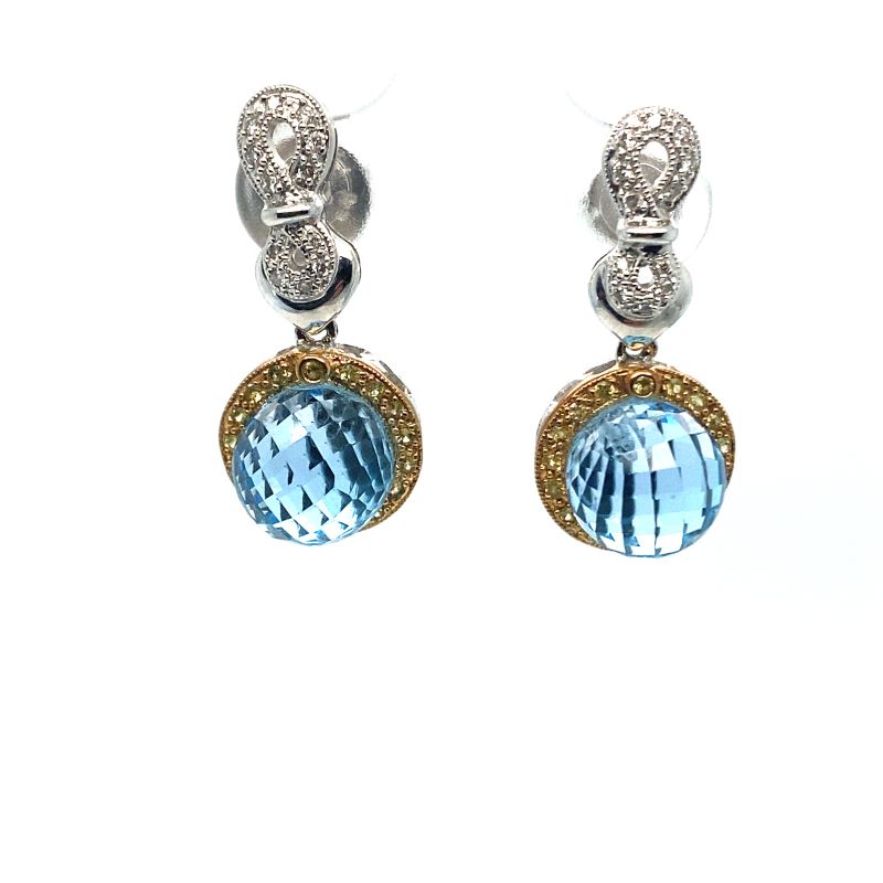 a pair of blue and gold earrings