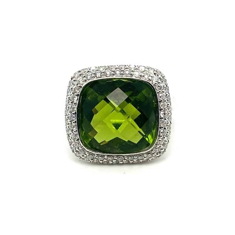 a square green ring with diamonds around it