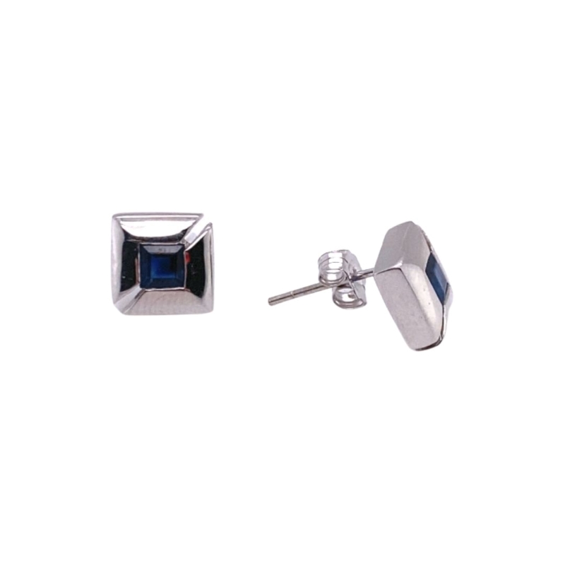 a pair of square shaped earrings with a blue stone