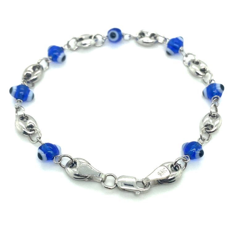 a bracelet with blue beads and silver clasps