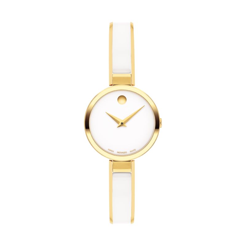 a white and yellow watch with gold accents