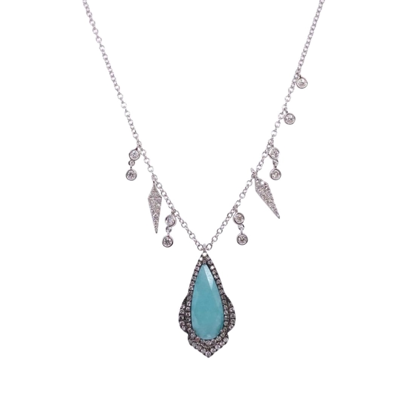 a necklace with a blue stone and diamonds on it