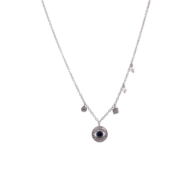 a silver necklace with three charms on it