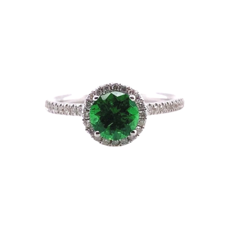 a ring with a green stone surrounded by diamonds