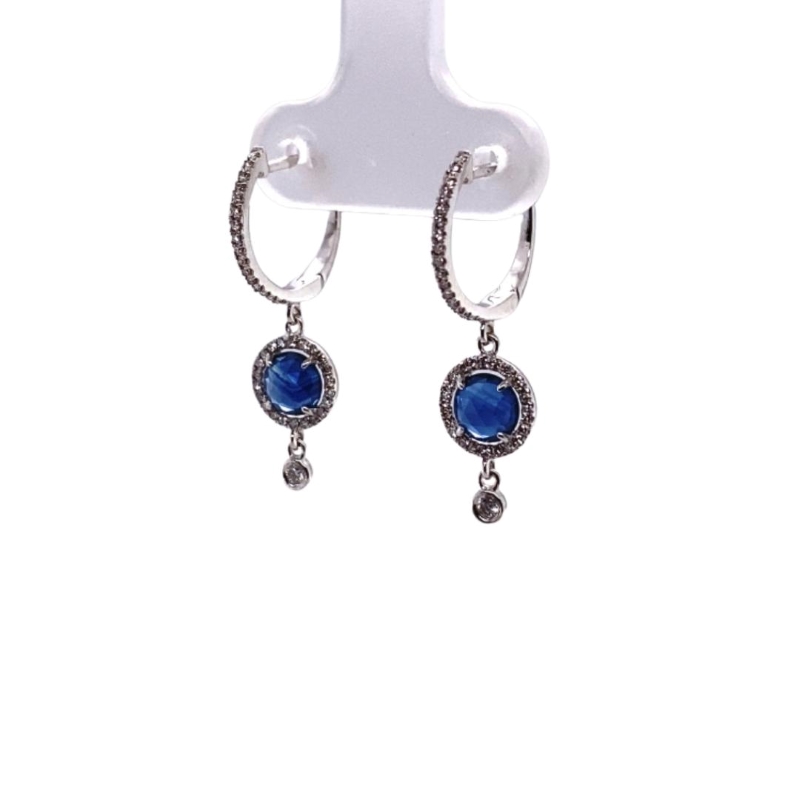 a pair of earrings with blue stones on them