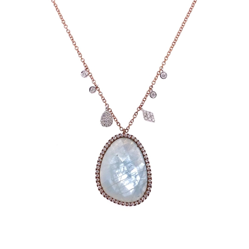 a necklace with a white stone and diamonds