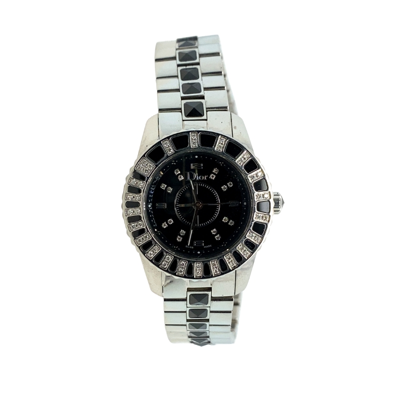 a black and silver watch with diamonds on it