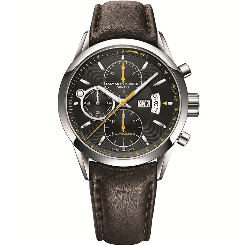 a watch with brown leather strap and yellow hands