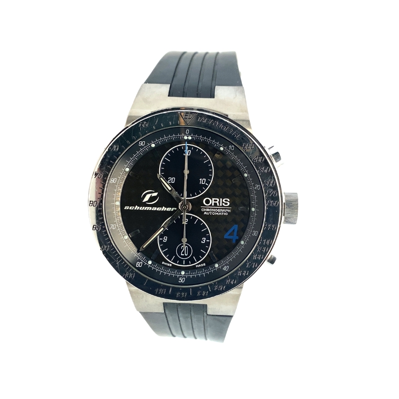 a black and white watch with blue hands
