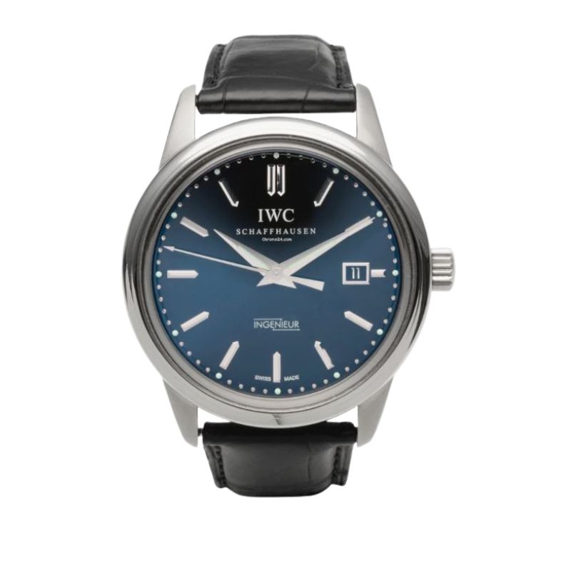 a watch with blue dials and black leather straps