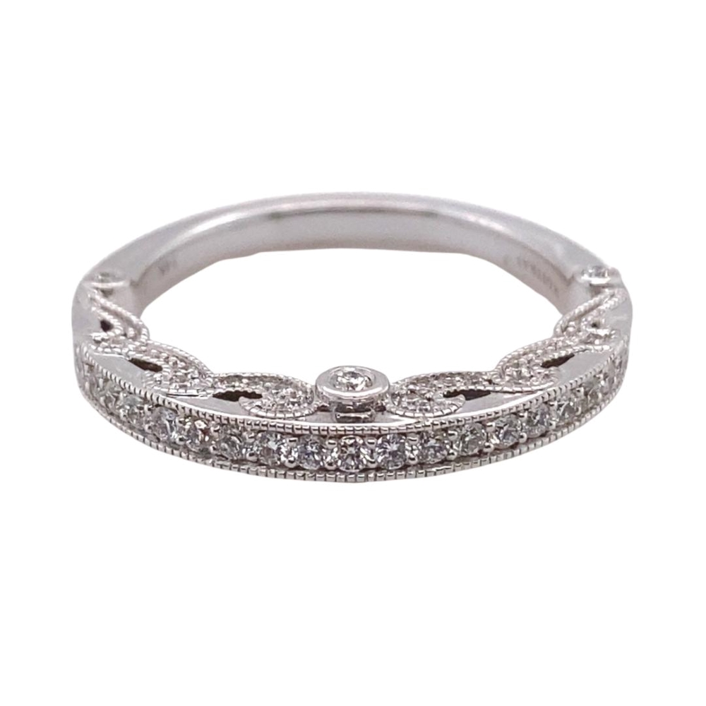 a white gold wedding band with diamonds