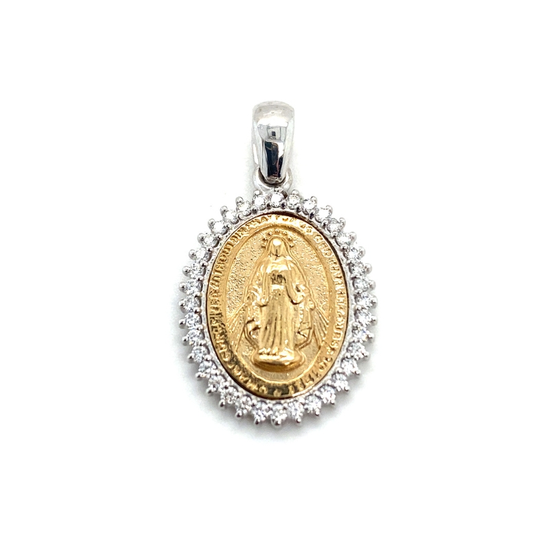 a gold and diamond pendant with an image of the virgin mary
