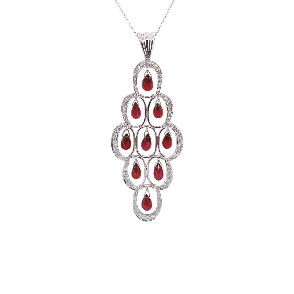a red and white diamond pendant on a chain