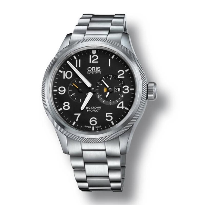 a watch with black dials and a silver bracelet