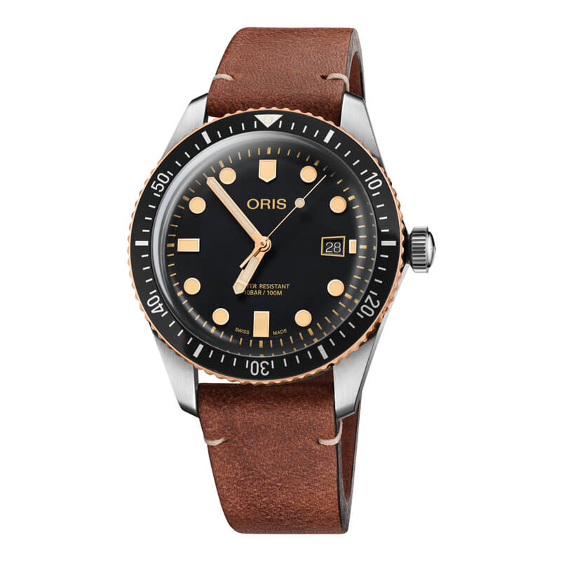 a watch with a black dial and brown leather strap