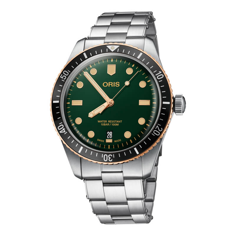 a watch with a green face and gold hands