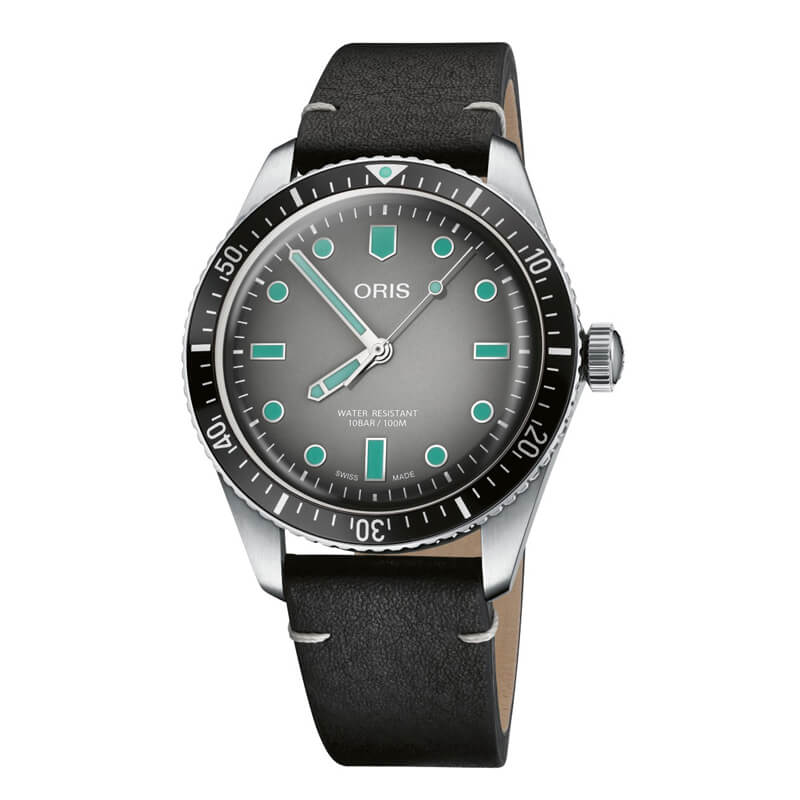 a watch with black leather strap and green numbers