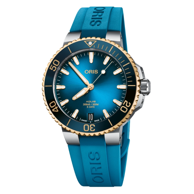 a blue watch with gold accents on the face