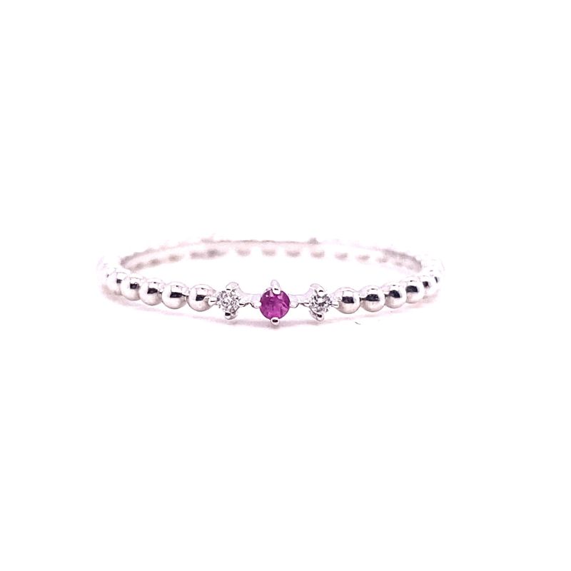 a white gold ring with two diamonds and a pink stone