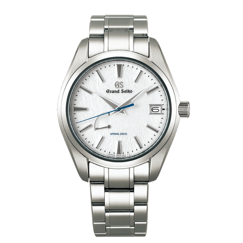 a silver watch with white dial and blue hands