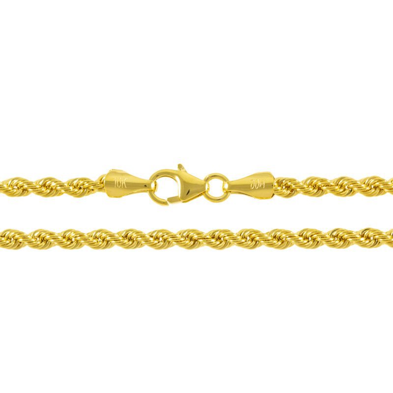 a yellow gold rope chain on a white background