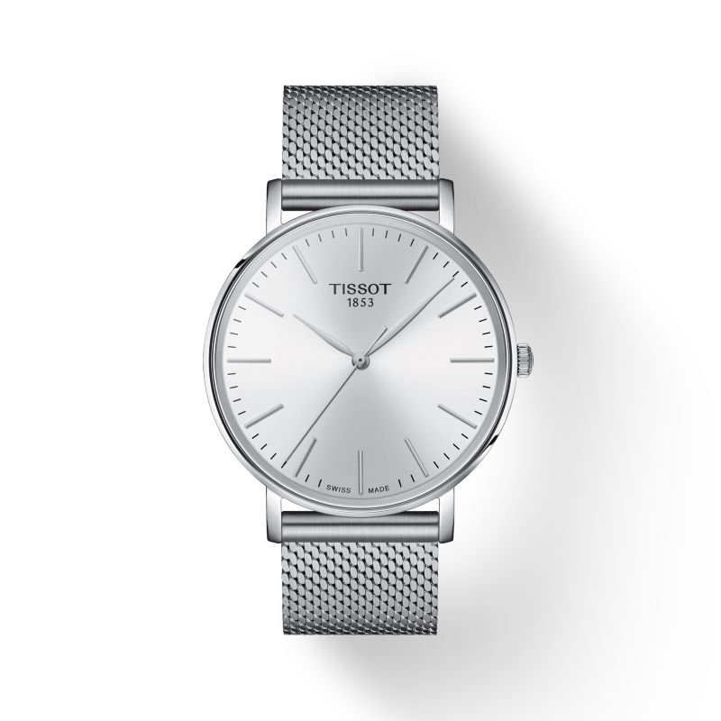 a silver watch with a mesh strap
