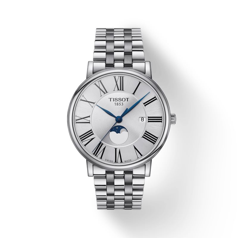 a silver watch with roman numerals and a blue second hand
